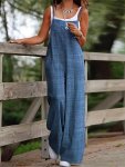 Solid Color Spaghetti Strap Overalls Jumpsuit Vacation Style Sleeveless Wide Leg Overall Jumpsuit For Spring & Summer Women's Cl