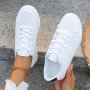 Women's White Flat Sneakers Casual Lace Up Outdoor Shoes Lightweight & Comfortable Low Top Shoes