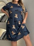 Women's Plus Casual Sleep Dress Plus Size Cartoon Bear & Letter Print Short Sleeve Round Neck Nightdress