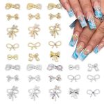 Danneasy 30PCS 3D Bow Nail Rhinestones Charms Gold And Silver Bowknot Charms For Nails Bling Nail Bows Nail Gems Crystal Alloy N