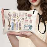 Fashion Canvas Toiletry Bag For Women With Sewing Theme Print Applique Detail Machine Washable Zippered Closure And Wristlet Str