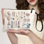 Fashion Canvas Toiletry Bag For Women With Sewing Theme Print Applique Detail Machine Washable Zippered Closure And Wristlet Strap Lightweight Sewing Supplies Organizer Makeup