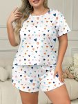 Women's Plus Casual Pajama Set Plus Size Colorful Heart Print Short Sleeve T-Shirt & Shorts Loungewear 2 Piece Set