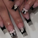 A Box Of 24 French Black Edge Glitter Star Bowknot Wearable Armor Medium Square False Nails Manicure Sheets Nail Stickers Wearab