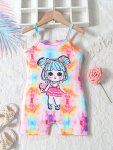 Girls Casual & Stylish Cartoon Girl Cami Romper For Spring & Summer