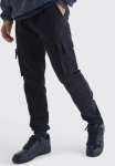 Elasticated Waist Multi Cargo Pocket Slim Fit Jogger - Black
