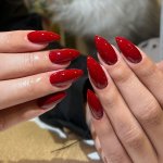 24-PIECE Almond Shaped Medium Length Red Press-on Nails Set With Jelly Glue And Cuticle Stick - Glossy Finish Pure Color Fake Na