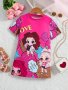 Cute Dolls Cartoon Short Sleeve T-Shirt Dress For Girls - Ideal For Summer & Casual Outings