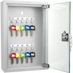 Barska 10 Key Lock Box With Glass Door Wall Mount Key Cabinet With Labeled Shelves Colored Key Tags Solid Steel Construction Gra