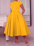 Plus Size Solid Bow Decor Pleated Hem Dress Elegant Mock Neck Short Sleeve Dress For Spring & Summer Women's Plus Size Clothing