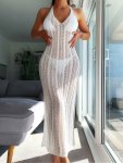 Halter Hollow Out Knitted Vacay Style Backless Semi Sheer Cover Up Dress Without Bikini Women's Swimwear & Clothing