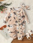 Baby's Flower Pattern Ruffled Long Sleeve Romper & Hairband Toddler & Infant Girl's Bodysuit
