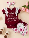 3PCS Newborn Infant Short Sleeves Romper Lace Splicing "mommy's World" Graphic Round Neck Bodysuit Onesies & Bow Floral Shorts &