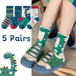 5 Pairs Of Boy's Cartoon Dino Animals Pattern Knitted Socks Comfy Breathable Soft Crew Socks For Outdoor Wearing