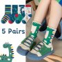 5 Pairs Of Boy's Cartoon Dino Animals Pattern Knitted Socks Comfy Breathable Soft Crew Socks For Outdoor Wearing