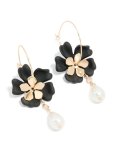Goldair Gold Diamante Pearl & Black Flower Drop Hoop Earrings