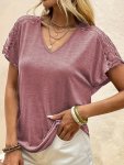 Contrast Lace V Neck T-Shirt Casual Short Sleeve Slim T-Shirt For Spring & Summer Women's Clothing