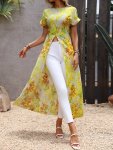 Floral Print Crew Neck Blouse Casual Short Sleeve Split Hem Long Length Top For Spring & Summer Women's Clothing