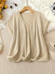 Plus Size Solid Color Knitted Top Casual V Neck Short Sleeve Knitted Top Women's Plus Size Clothing
