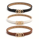 3PCS SET Golden Buckle Pu Leather Belt Solid Color Casual Waistband Simple Jeans Pants Belts For Women Daily Use