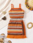 Boho Striped Girl's 1 Set Camisole Top + Tassel Skirt Co-ords Set Comfy & Fashion Girls Spring Summer Outfit