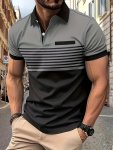 Men's Color Matching Striped Golf Shirt Casual Breathable Comfy Half Button Short Sleeve Shirt For Outdoor