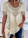 LaCie Lace Stitching Crew Neck Blouse Elegant Short Sleeve Scallop Trim Top For Spring & Summer Women's Clothing