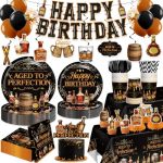 Yingoto Aged To Perfection Birthday Decorations For Men 215PCS Whiskey Birthday Decorations Set With Plates Napkins Cups 2 Table
