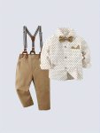 Toddler Baby Boys Gentleman Outfits 2PCS Long Sleeve Lapel Shirt With Bow And Bib Pants Set Handsome For Birthday Party Evening