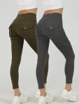 2-PACK High-waisted Cargo Pocket Yoga Pants Stretchy Skinny Sports Leggings Quick-dry Running Workout Pants Butt Lifting Street