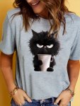 Women's Casual Sporty T-Shirt Black Cat Print Comfort Fit Short Sleeve Tee Fashion Breathable Casual Top