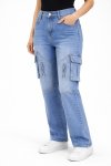 Ladies High Waist Denim Blue Cargo Stretch Jeans
