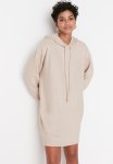 Hooded Fluffy Knit Dress - Beige
