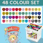 Set Of 48 Twin Tip Marker Pen Highlighters For Graphic Art With Carry Case
