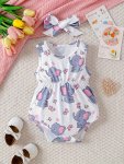 Baby's Cartoon Elephant Butterfly Pattern Casual Sleeveless Triangle Bodysuit Toddler & Infant Girl's Onesie & Hairband
