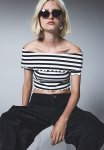 Ribbed Off-the-shoulder Top - Black Striped