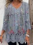 Plus Size Floral Print Lace Stitching T-Shirt Casual 3 4 Sleeve Button Decor V Neck Top For Spring & Fall Women's Plus Size Clot