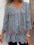 Plus Size Floral Print Lace Stitching T-shirt Casual 3/4 Sleeve Button Decor V Neck Top For Spring & Fall Women's Plus Size Clothing