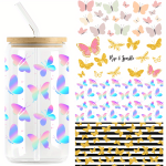1PC Colourful Butterfly Design Uv Cup Wraps For 16 Oz Glass Cup Glass Stickers For Cups Cup Decals Uv Transfer Stickers For Cups