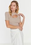 Cut-out Detailed Fitted simple Crop Corduroy Stretch Blouse - Mink