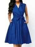 Lapel Collar Solid Belted Dress Elegant Sleeveless Dual Pockets Dress For Spring & Summer Women's Clothing
