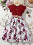 Girl's Dress Vintage Flowers Print Frill Sleeve Holiday Casual Dresses Summer Gift