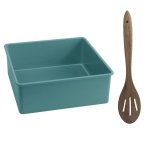Jamie Oliver - Loose Base Square Cake Tin - 20CM And Acacia Slotted Wooden Spoon