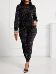 Casual Sequined Two-piece Set Long Sleeve Crew Neck Top & Pants Outfits Women's Clothing