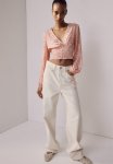 Cropped V-neck Blouse - Light Pink patterned