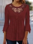 Contrast Lace Crew Neck Tunics Casual 3 4 Sleeve Outwear For Spring & Summer Women's Clothing