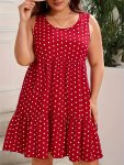 Plus Size Polka Dot Print Tank Dress Sleeveless Ruffle Hem Elegant Dress For Spring & Summer Women's Plus Size Clothing