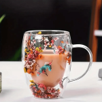 Reusable Double-walled Glass Coffee Mug With Crystal Flower Design - Perfect For Office & Home Use