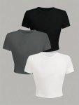 Solid T-Shirt 3 Pack Versatile Crew Neck Short Sleeve Crop T-Shirt For Spring & Summer Women's Clothing