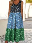 Color Block Floral Print Tank Dress Casual Crew Neck Tiered Tank Dress Women's Clothing